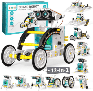 12-in-1 solar powered DIY robot kit for kids, STEM educational building toy to learn science, engineering and renewable energy, no batteries needed.