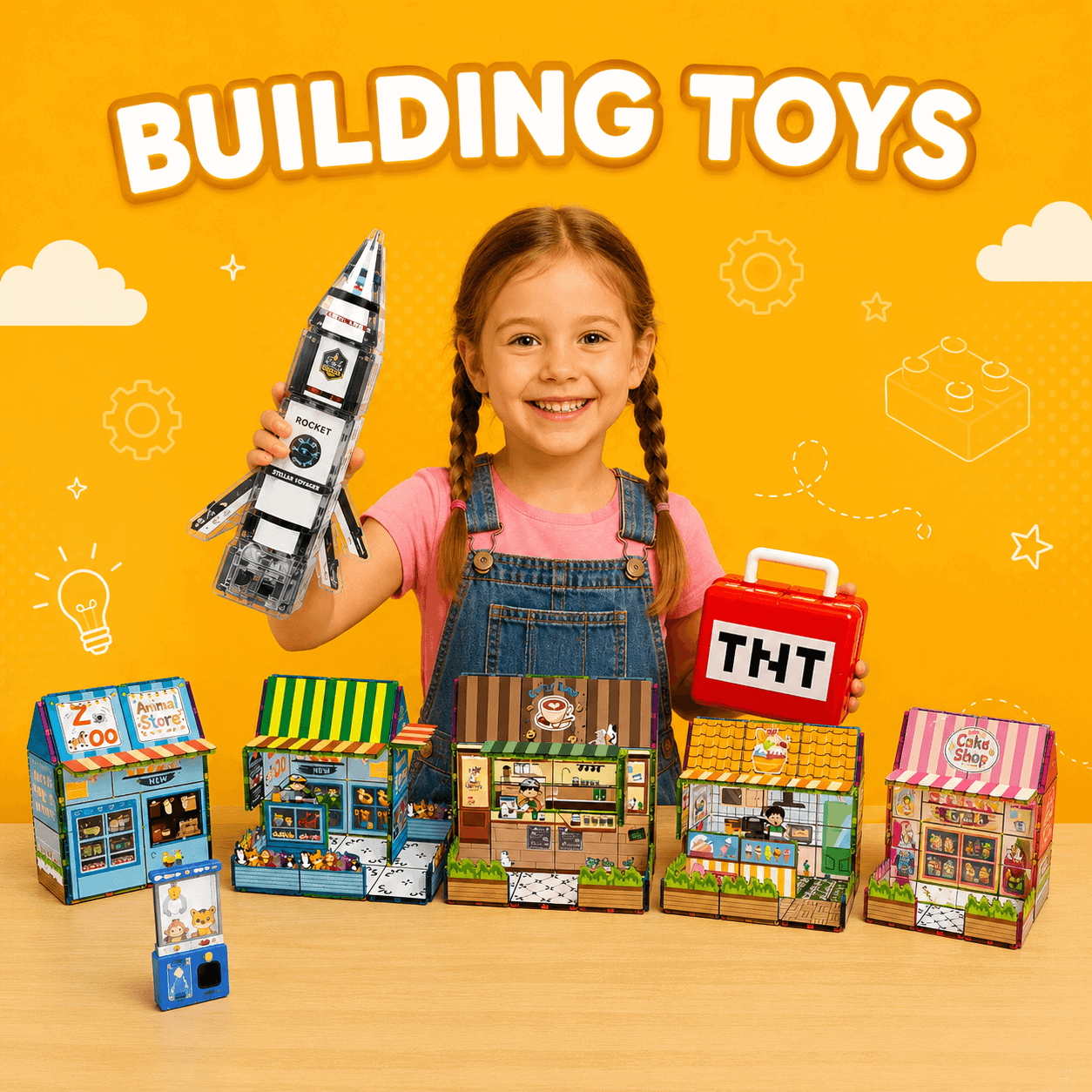 Building toys for kids, including rocket models and shop construction sets, to foster creativity and hands-on play.