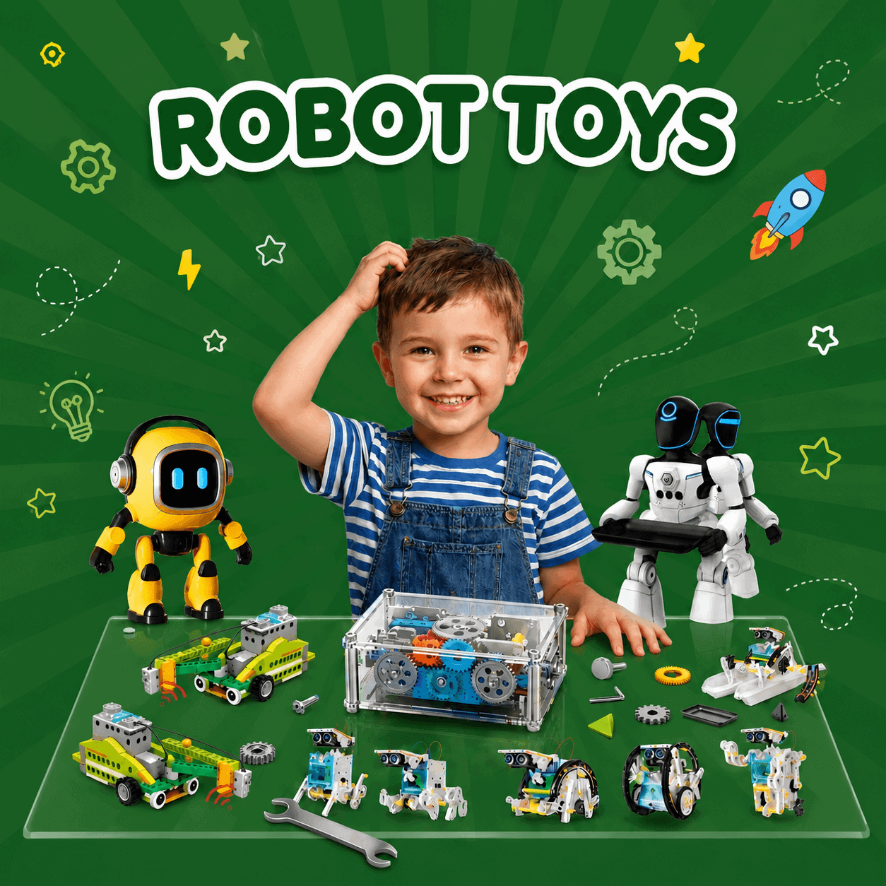 Robot toys for kids, including solar building kits and interactive robots for hands-on STEM play.