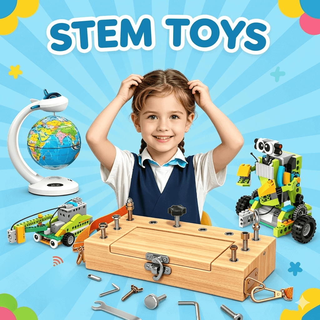 STEM educational toys collection for kids, featuring building robots, science experiment kits and coding toys for hands-on learning.