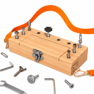 Montessori wooden screw driver busy board toy for kids, featuring bolts, nuts, tools and latches to develop fine motor skills and engineering thinking.