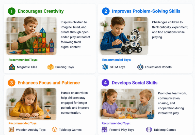 Core benefits of screen-free toys including creativity, problem-solving skills, focus, and social development, with recommended educational toys for children.