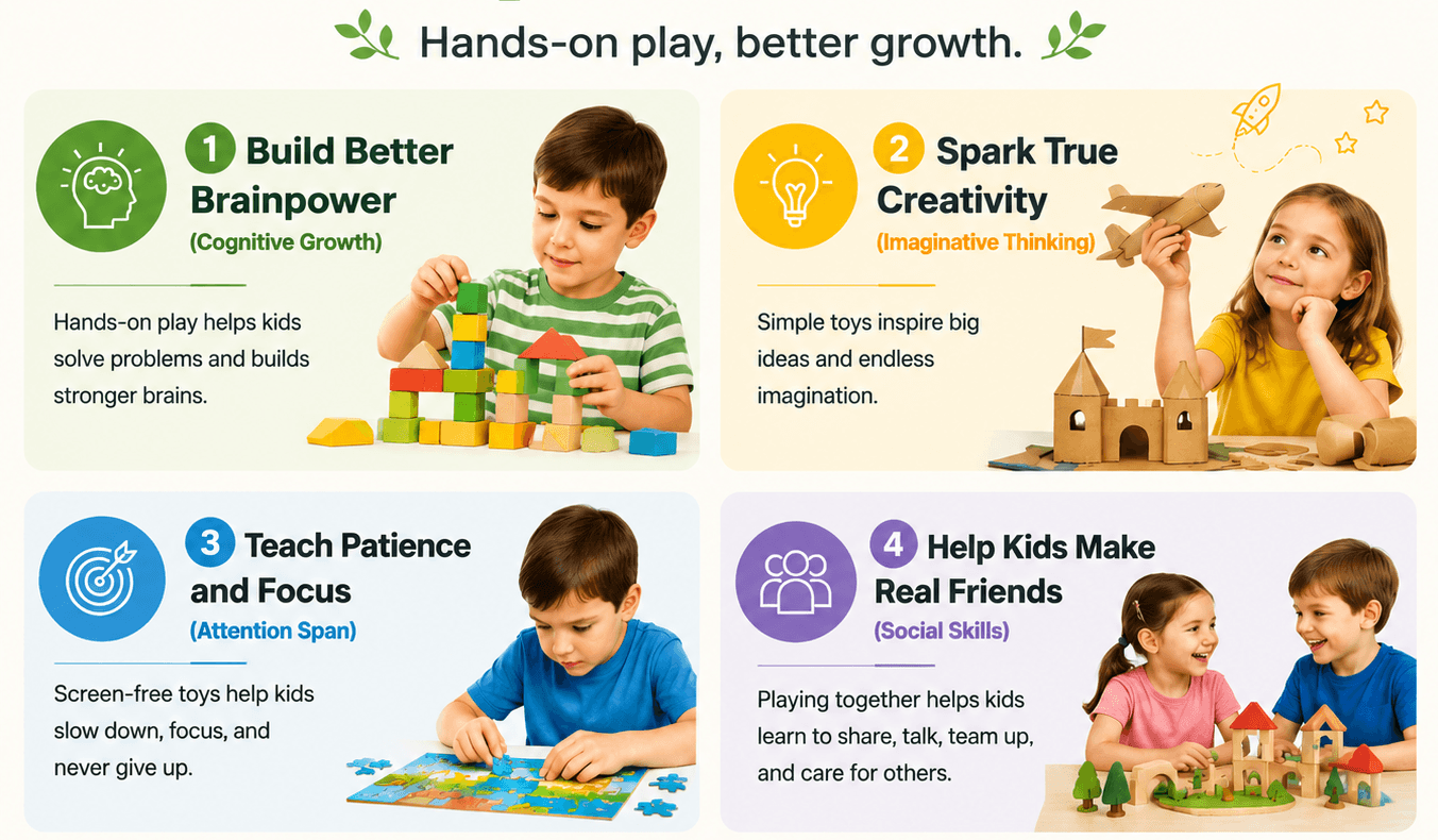 screen free toys educational benefits STEM toys for kids learning development infographic