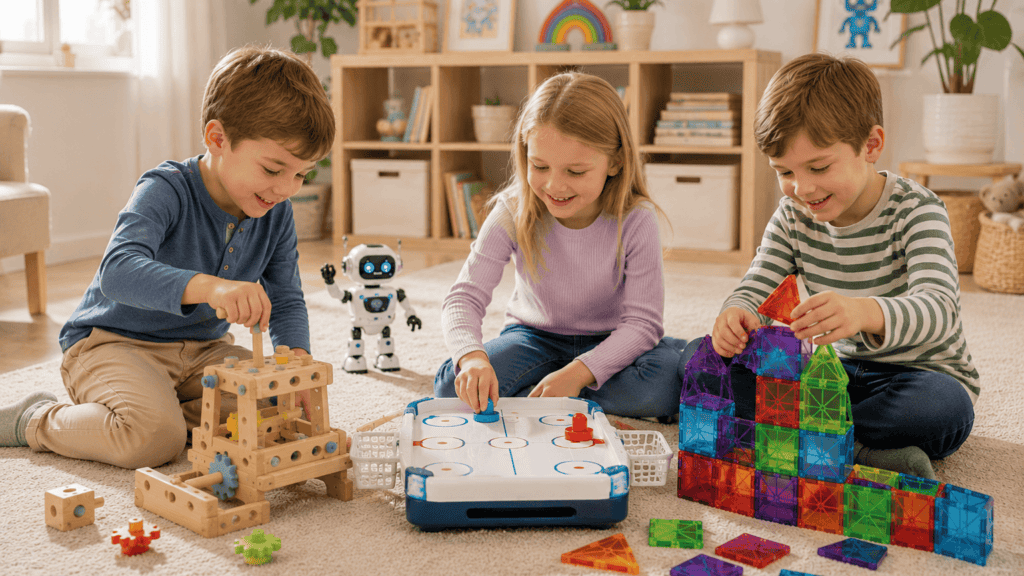 Children playing with screen-free toys including magnetic tiles, a wooden activity table, a tabletop hockey game, and an educational robot in a bright playroom.