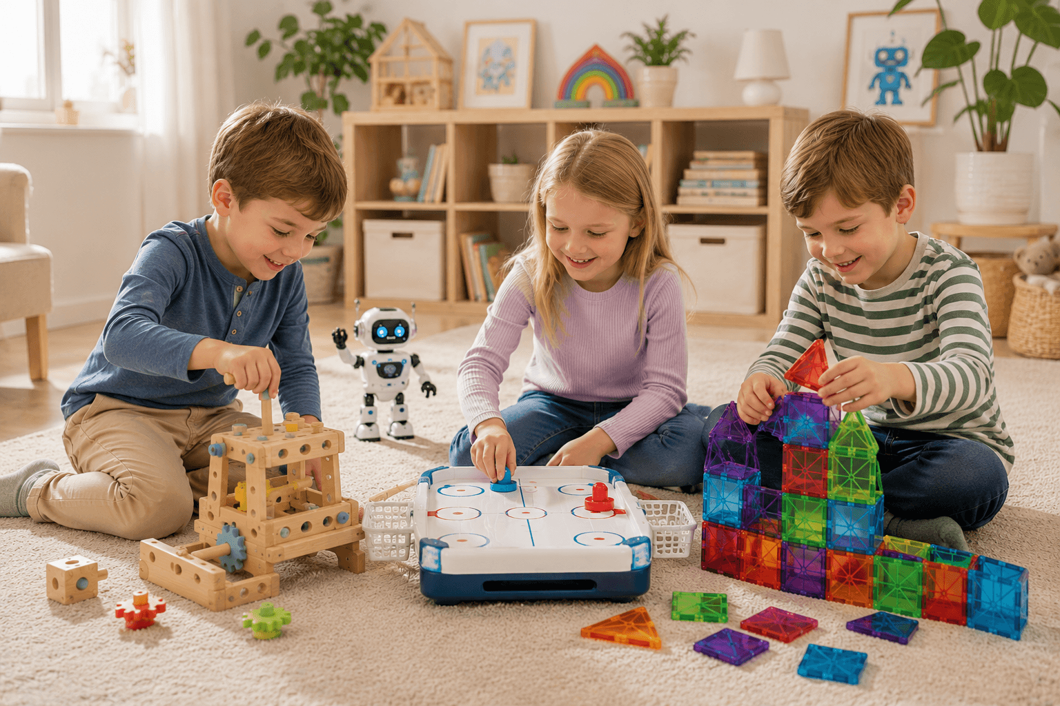 Children playing with screen-free toys including magnetic tiles, a wooden activity table, a tabletop hockey game, and an educational robot in a bright playroom.