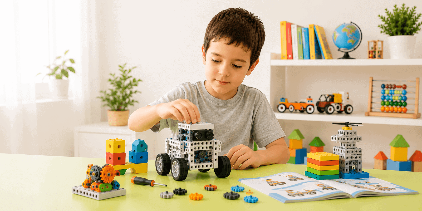 Screen-free STEM play: A boy exploring creativity with our educational building toys