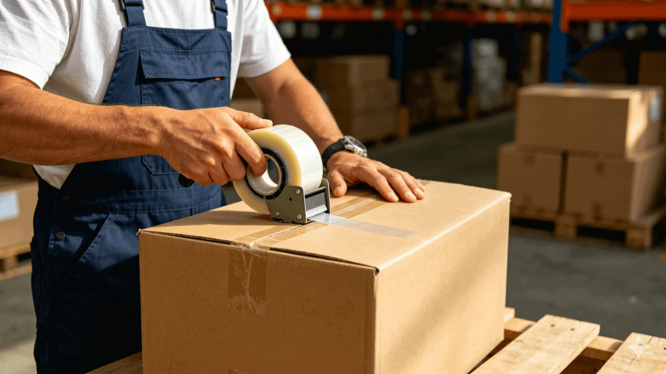 Worker taping a package box in the warehouse, showing the shipping and delivery process.