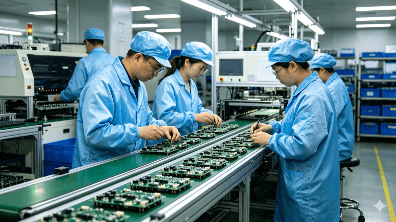 Factory workers in blue overalls carefully inspecting colorful toys on an assembly line, ensuring product quality before shipment.